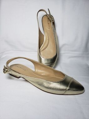TALBOTS Edison Metallic Gold Leather Slingback Cap Toe Flats Shoes Women's 5.5 M